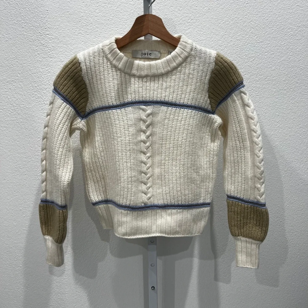 Joie Ivor‎ Colorblock Chunky Cable Knit Wool Sweater Womens XS Cream Old Money